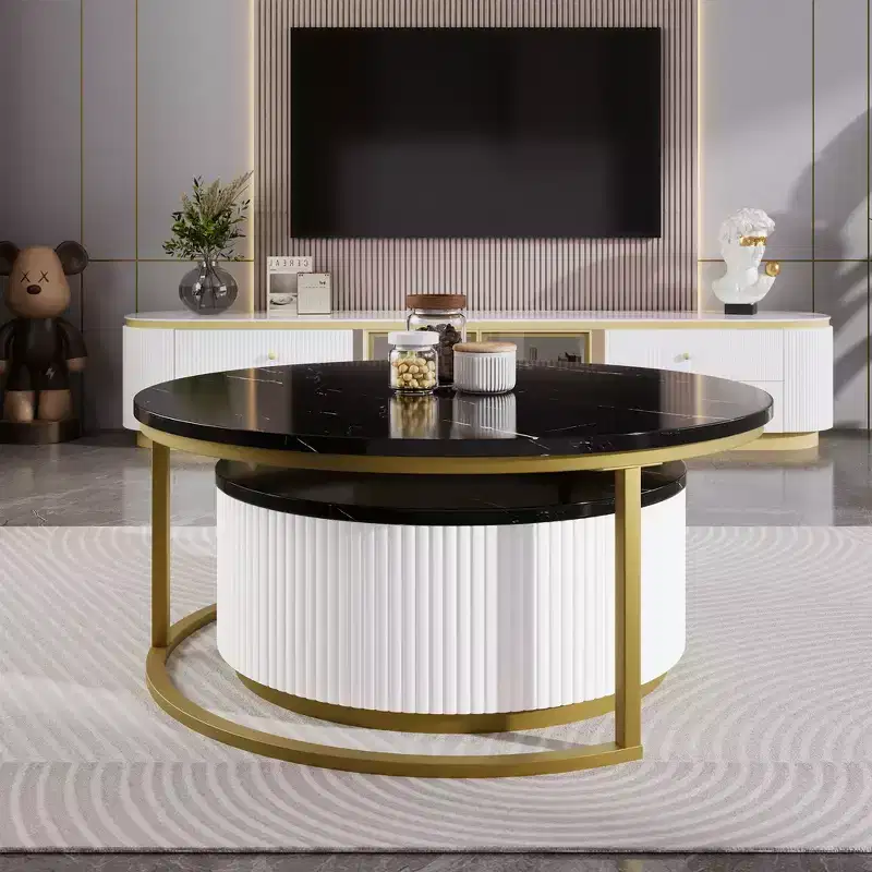 Modern Round Nesting Coffee Table Set of 2, Fluted Base, Drawer, Gold & White, 31.5