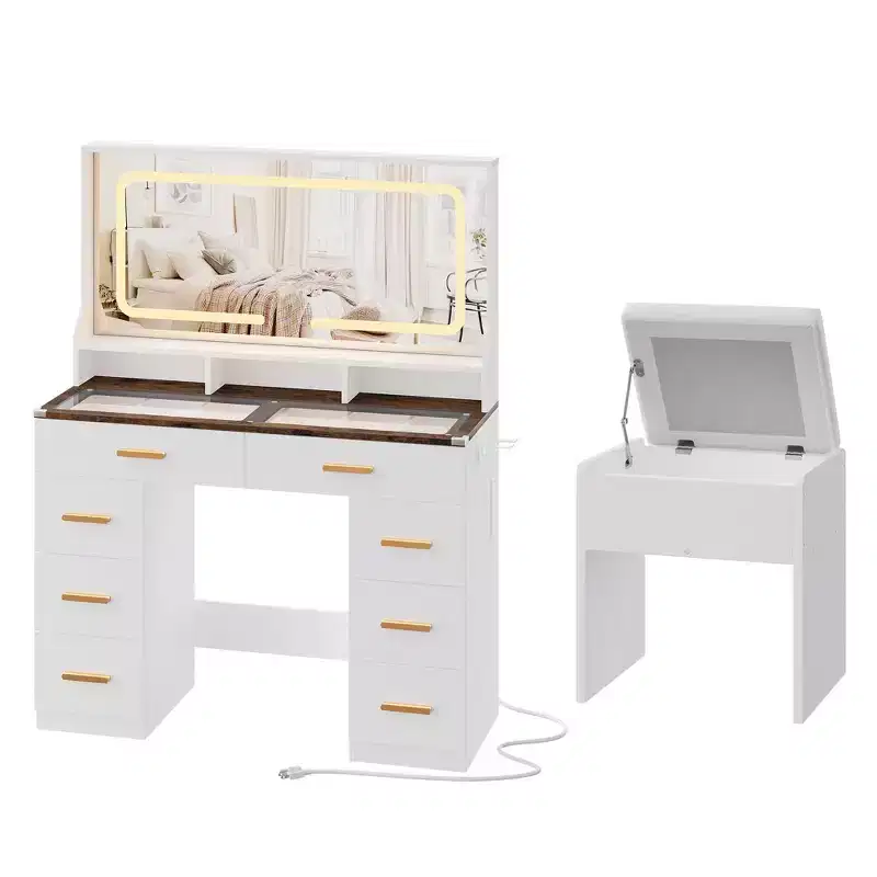 GustoWave Modern Vanity Desk with Mirror, 8 Drawers 3 Shelves Glass Top Makeup Table for Bedroom, White Rustic