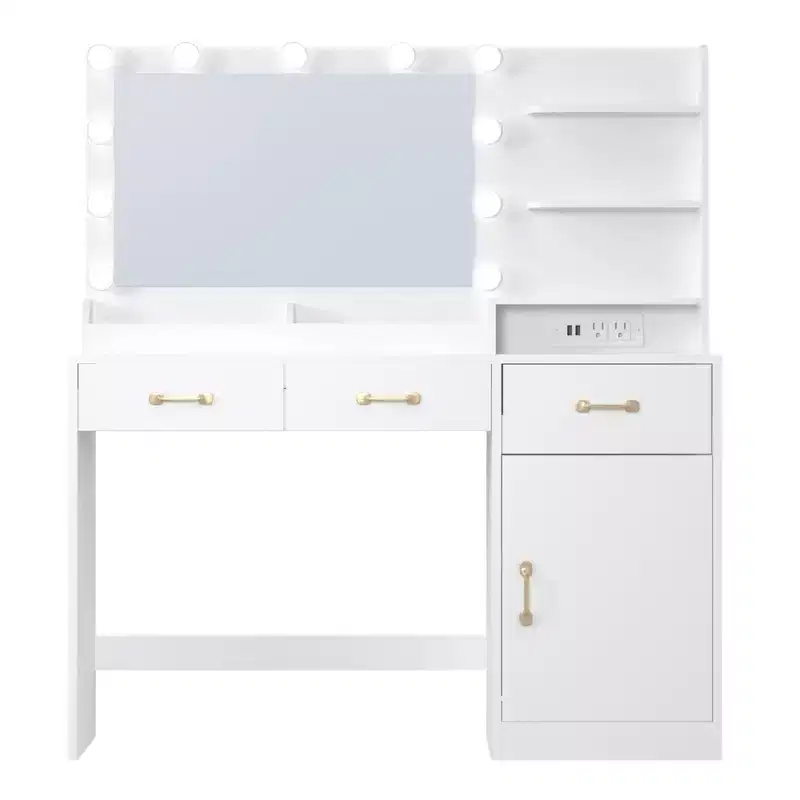 COZONY Vanity Desk with LED Mirror & Power Outlet, Makeup Table with 3 Drawers & Storage Shelves for Bedroom Dressing Room, White