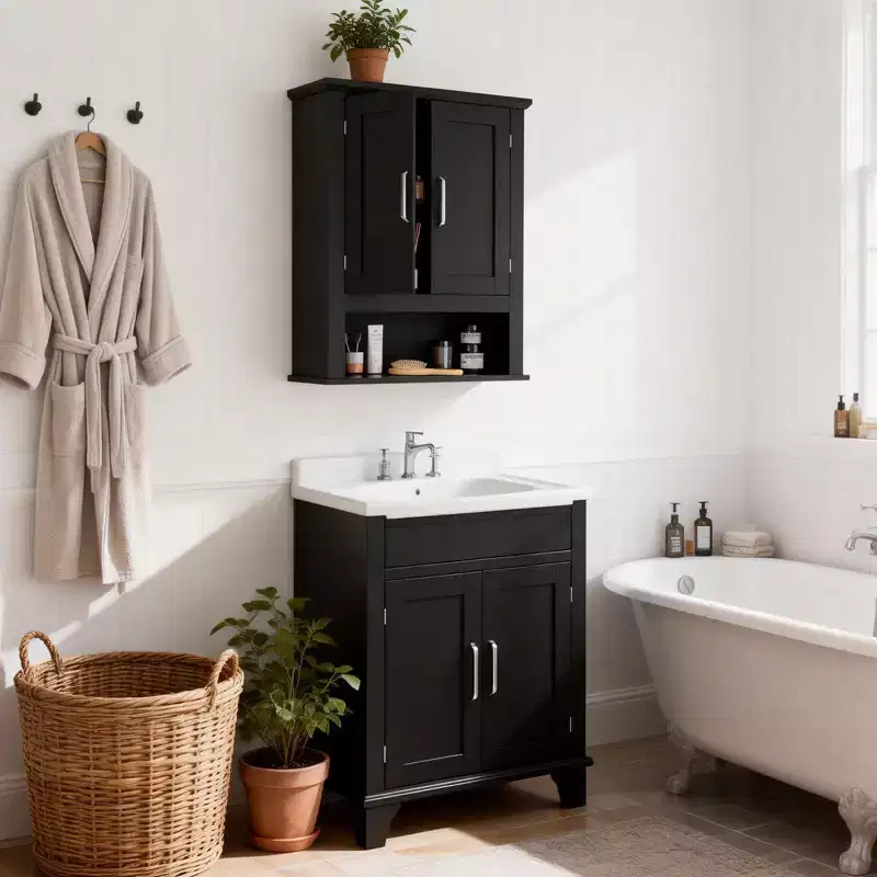 Black Bathroom Wall Cabinet with 2 Doors & 1 Shelf