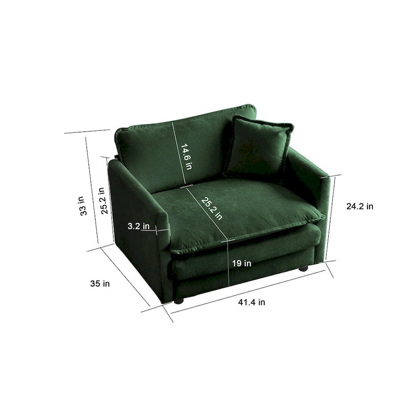 Comfy Deep Single Seat Sofa Upholstered Reading Armchair Living Room Chair Green Chenille Fabric , 1 Toss Pillow
