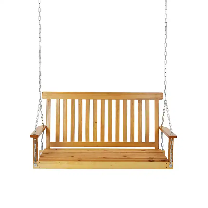 4FT Outdoor Wooden Porch Swing, Heavy Duty Garden Swing Bench with Adjustable Chains, Ergonomic Backrest, 440lbs Capacity for Patio, Deck, Backyard