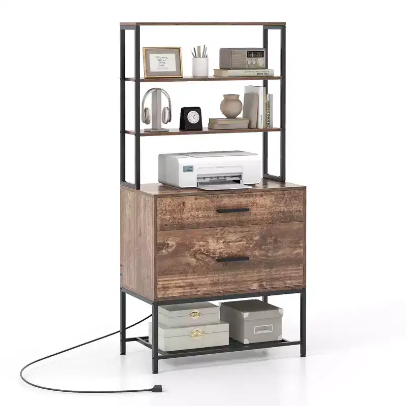 Costway File Cabinet w/ Charging Station 3-Tier Open Shelves & Large Drawer Compatible Rustic Brown