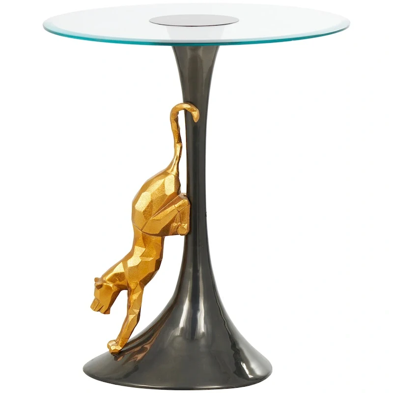 Aluminum Metal Leopard Accent Table with Gold Leopard Accent and Tempered Glass Top - Black -