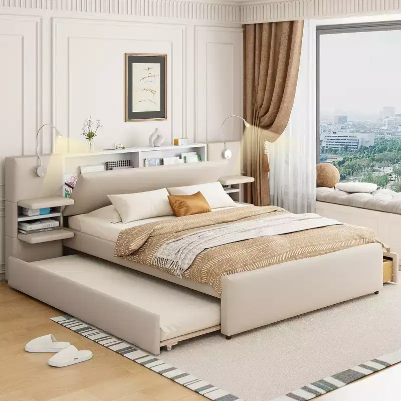 Queen Size Upholstered Platform Bed with Reading Lights and Shelves, Linen Queen Wooden Bed Frame with Storage Drawers and Shelves