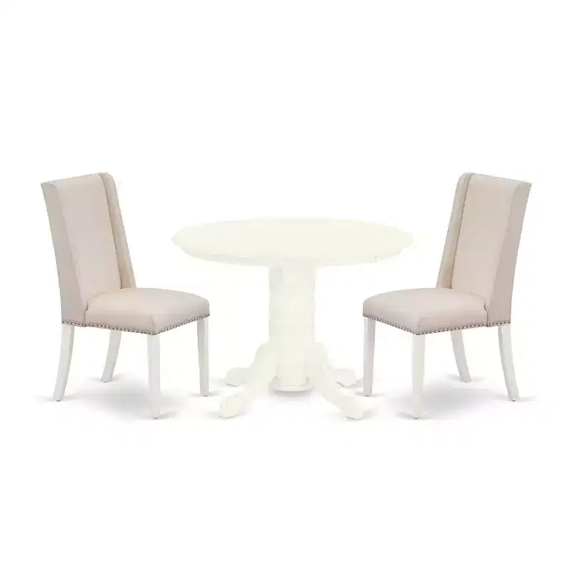 HomeStock 3-Pc Linen white Solid Wood Top - Round Upholstered Dining Room Set - Seats 4