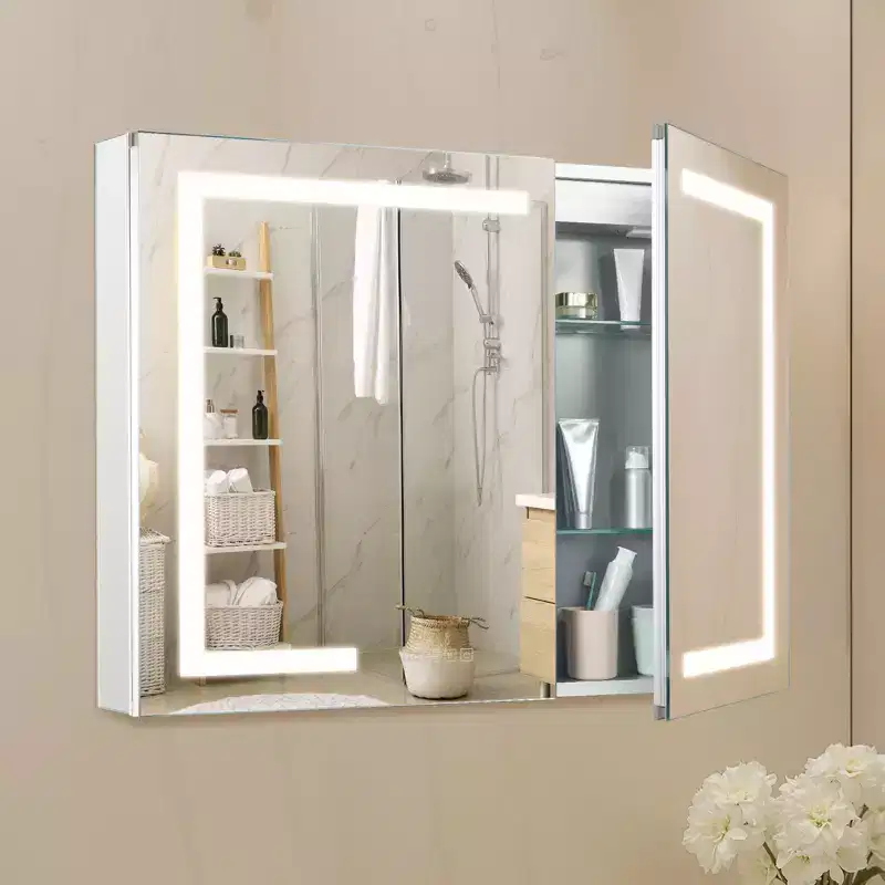 VEVOR Lighted Medicine Cabinet with Mirror,36 x 30 in Recessed or Wall Mount,3 Color Dimmable LED Bathroom Medicine Cabinet with HD Mirror,Clock,White