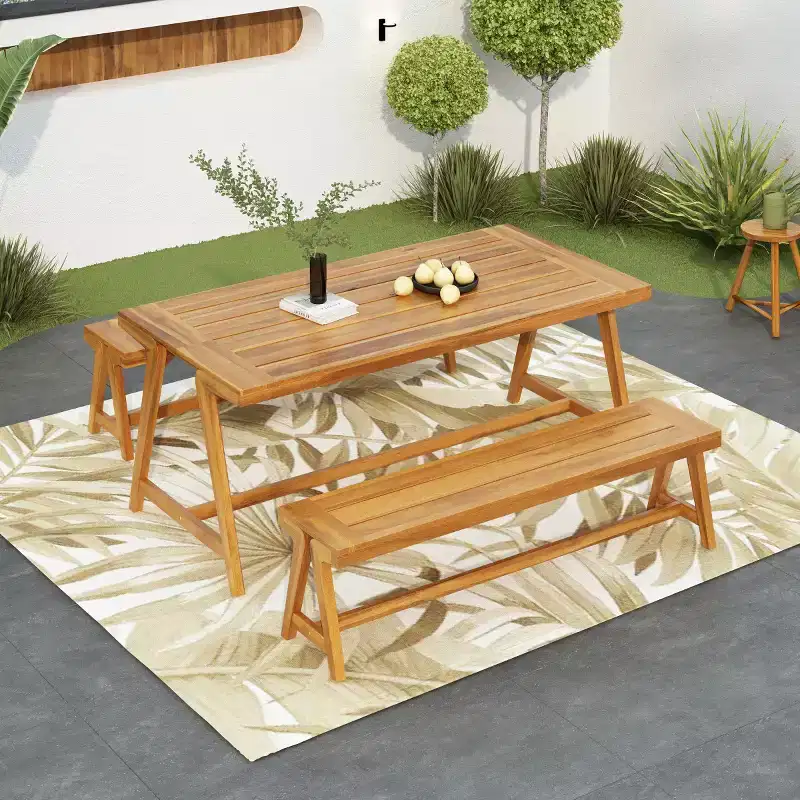Outdoor 3-Piece Acacia Wood Picnic Table Set, Rectangular Table with 2 Benches, Compact Patio Dining Set for Balcony, Deck, Camping-Panipeachy