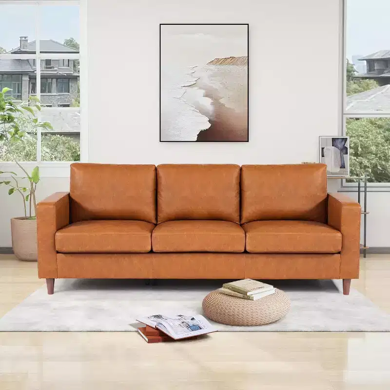 85 Mid-Century Modern Faux Leather Sofa, 3-Seat Couch with Deep Seats, High-Density Foam, Wood Legs, Tan, for Living Room or Office