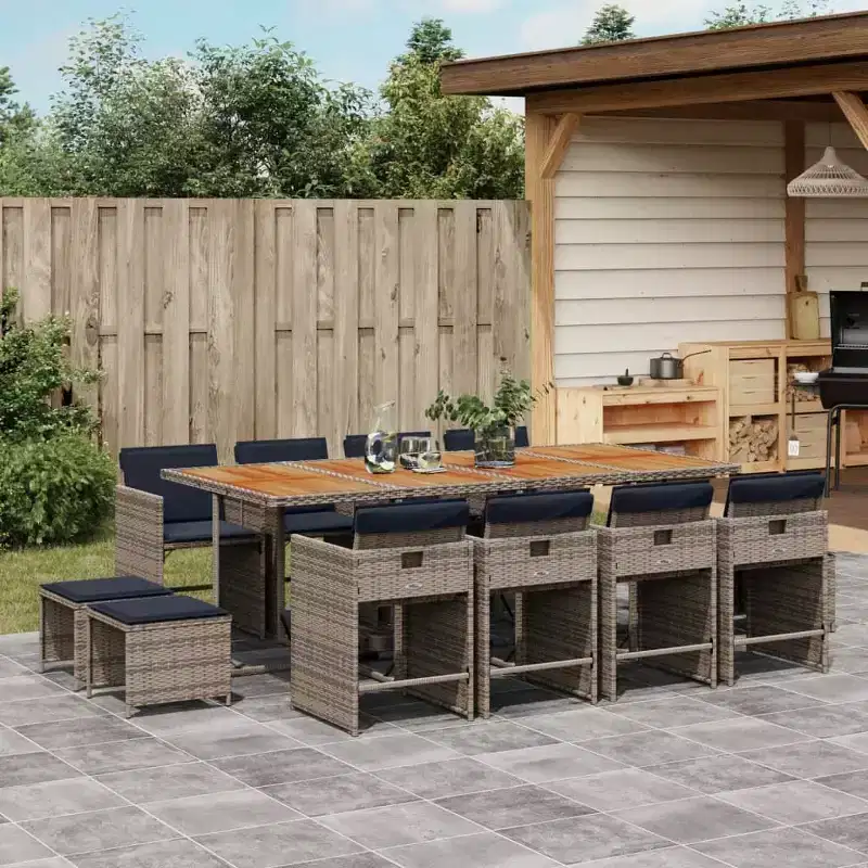 vidaXL Patio Dining Set Set of 12 Gray PE rattan 13 Piece Set Foldable