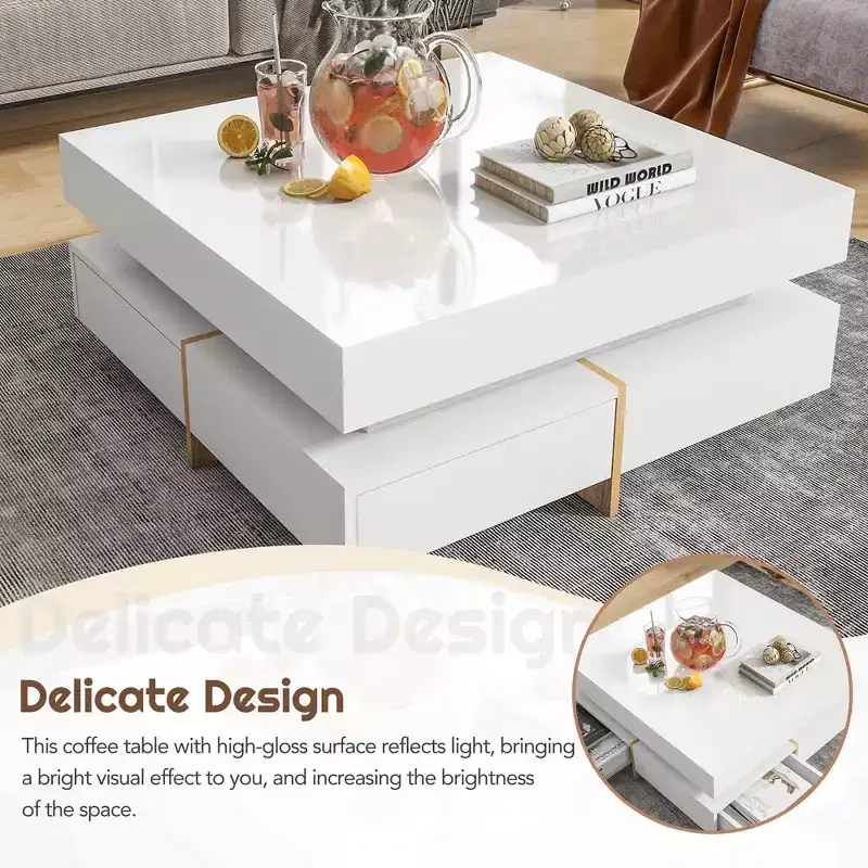 Modern High Gloss Coffee Table With 4 Drawers, Multi-Storage Square Cocktail Tea Table,Center Table,abstract,white,31.5in,2.63ft