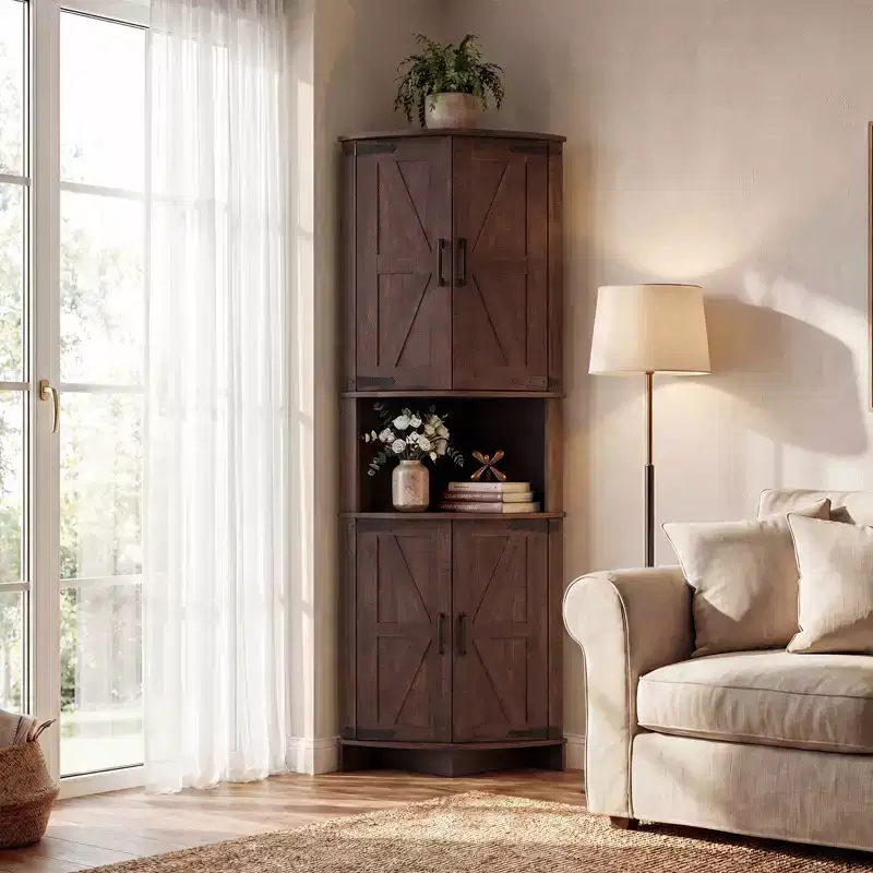 64.8 Tall Farmhouse Corner Cabinet with Doors, Pantry Storage Cupboard with Adjustable Shelves for Kitchen, Living Room & Bathroom