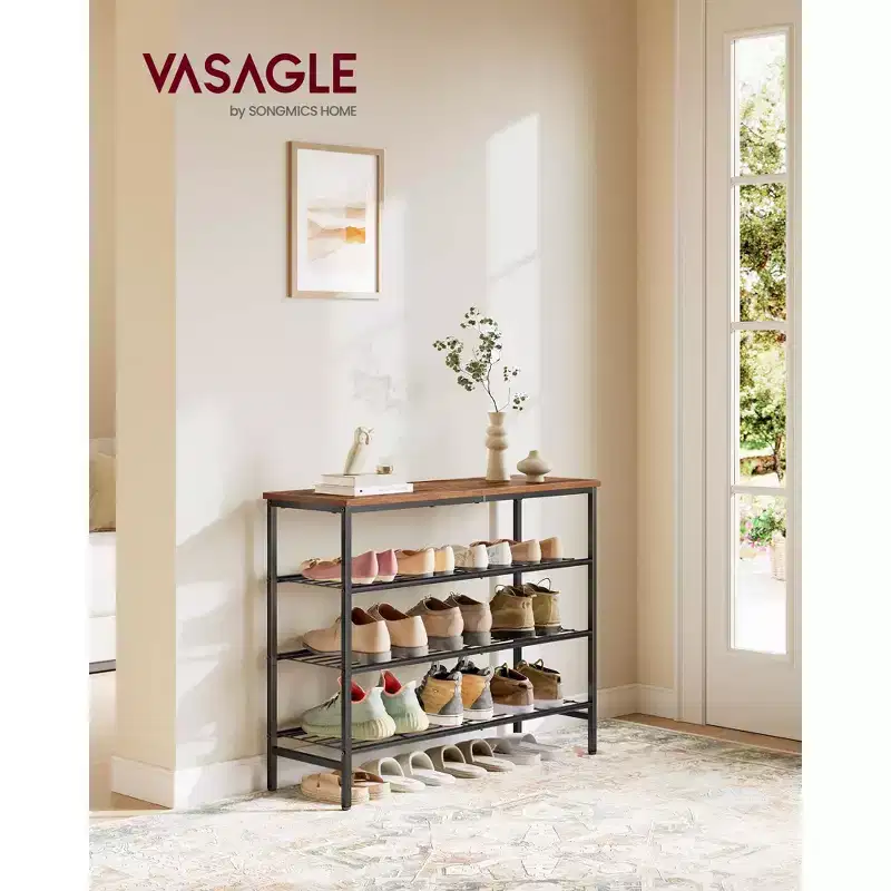 VASAGLE Shoe Rack, Shoe Storage Rack for Closet, Free Standing Metal Organizer Shelf, 4 Tiers, for 1216 Pairs, Rustic Brown and Ink Black