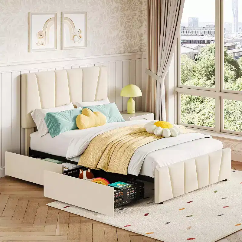 Queen Size Bed Frame with Adjustable Headboard and 4 Storage Drawers, Soft Upholstered Platform Bed Frames with Wooden Slats Support