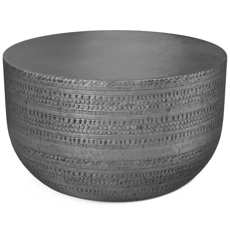 Round Metal Coffee Table, Antique Silver with Hammered Texture, No Assembly Required