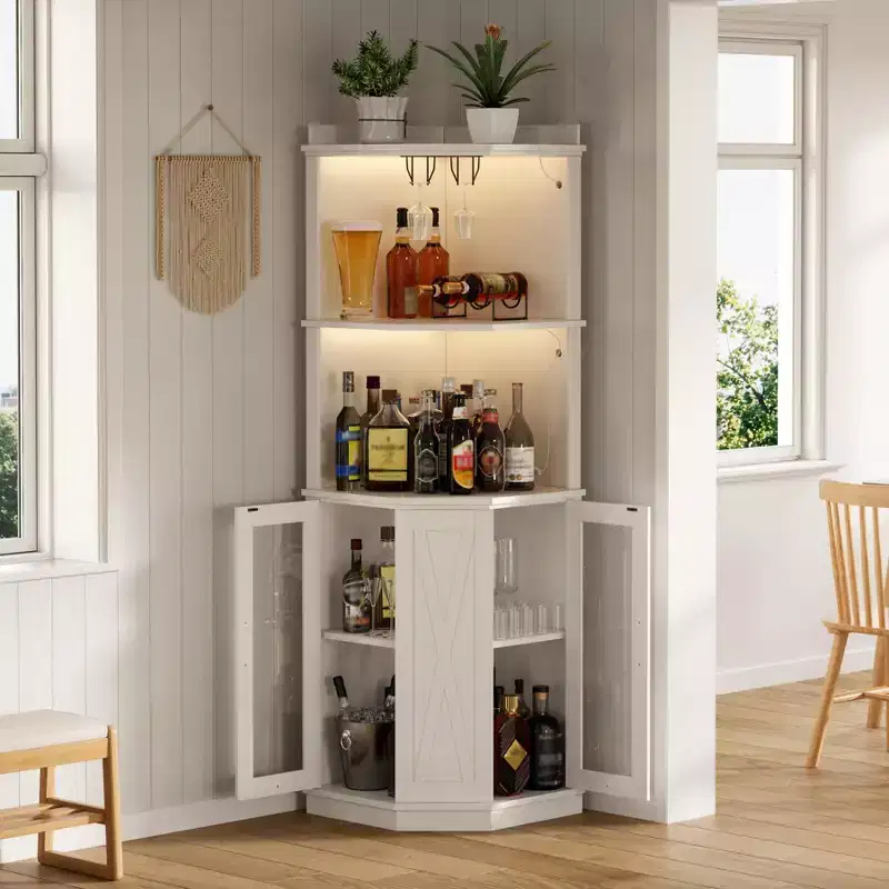 Corner Bar Cabinet with Glass Rack, 67 Tall Farmhouse Wine Cabinet with Power Outlet, Wooden Liquor Display Cabinet for Dining Room Kitchen