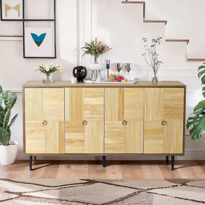 Vintage 4-Door Cabinet with Carved Effect Decoration Doors