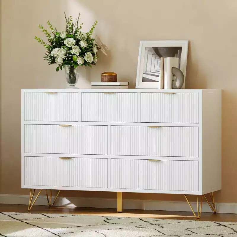 7 Drawer Dresser with Gold Metal Handles & Feet - White