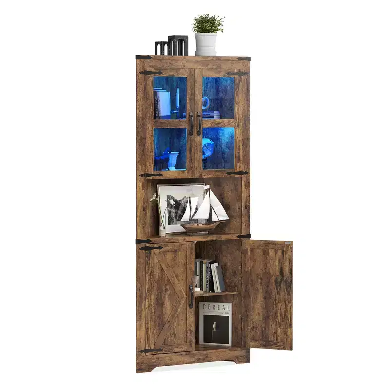 Farmhouse 67 Tall Corner Storage Cabinet with Glass Doors, Corner Hutch Display Cabinet for Kitchen, Living Room, Bathroom