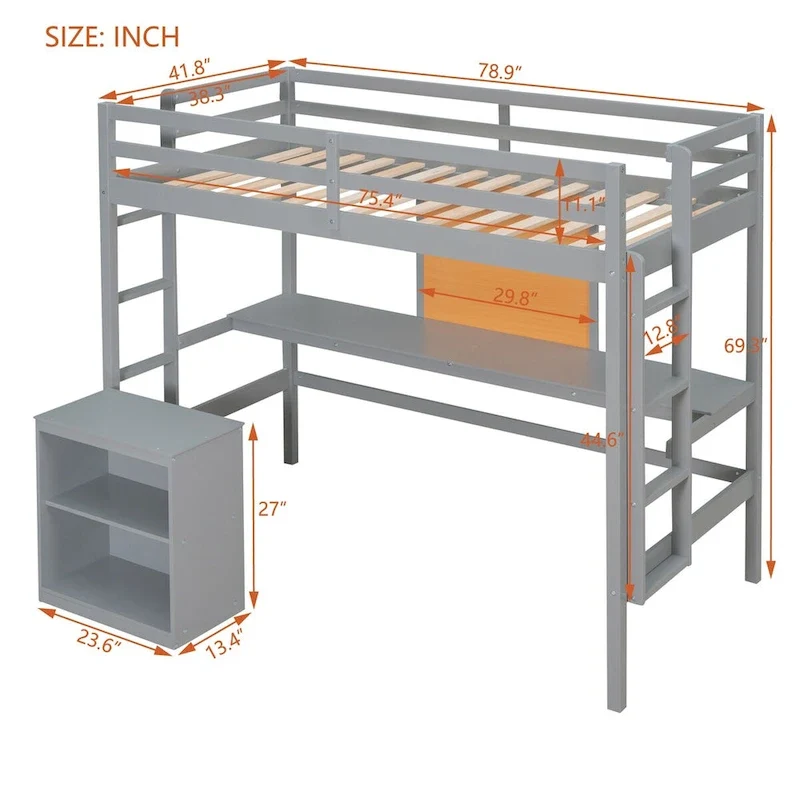 Wooden Twin Loft Bed with Desk