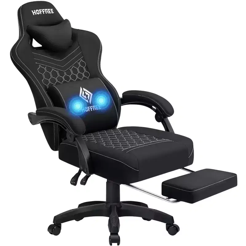 Breathable Fabric Massage Gaming Chair, Ergonomic Office PC Chair with Footrest & Adjustable Lumbar
