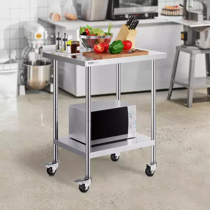 VEVOR 24 x 30 x 40 Inch Stainless Steel Work Table, Commercial Food Prep Worktable with Casters, Heavy Duty Prep Worktable, Metal Work Table