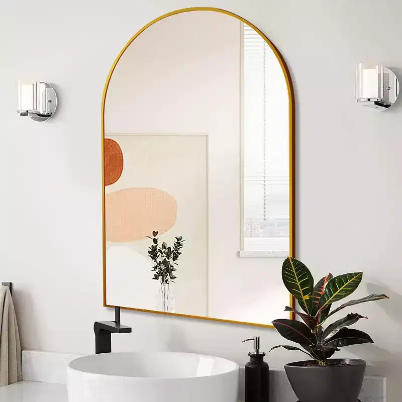 GDFStudio Prim 24 x 36 Modern Gold Metal Framed Arched Bathroom Wall Mirror