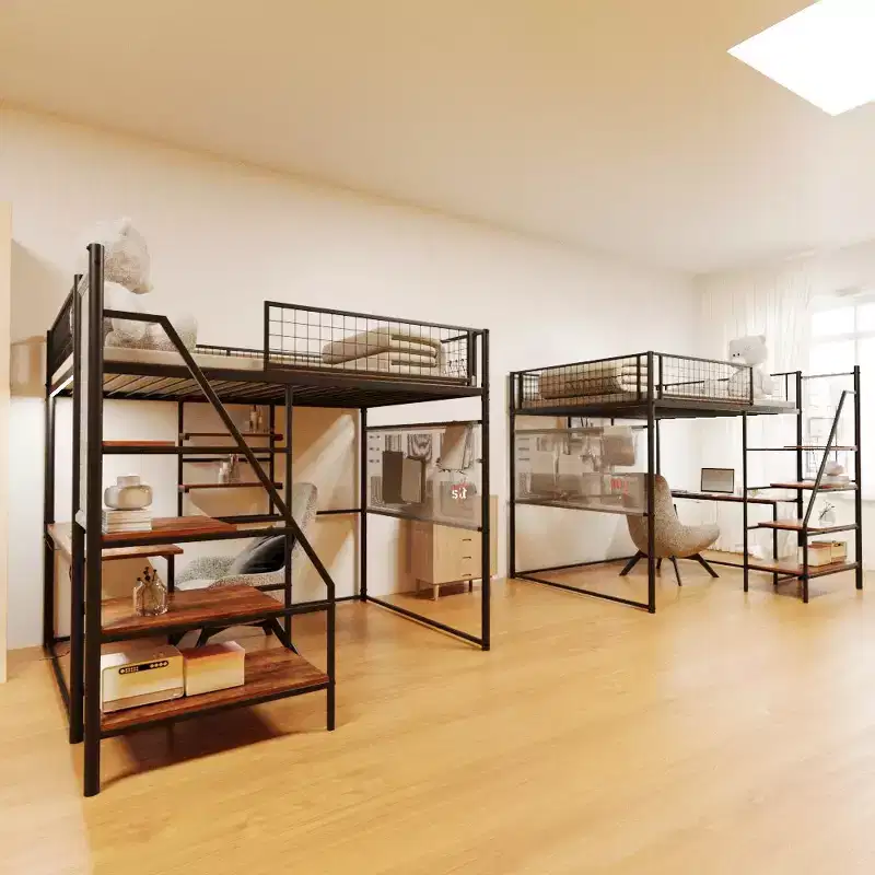 Full Size Black Loft Metal Bed with Desk, Charging Station, LED Lights & Storage, 400 lbs
