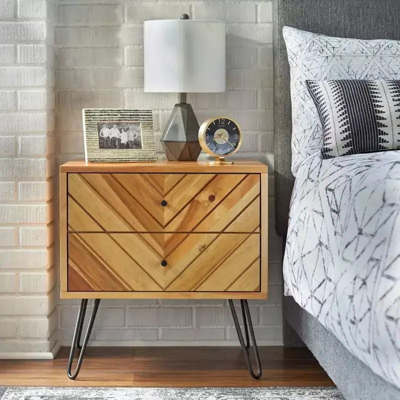 2 Drawer Alexandria Mid Century Modern Nightstand Oak: Mid-Century Modern Bedside Table, Wood Veneer Finish