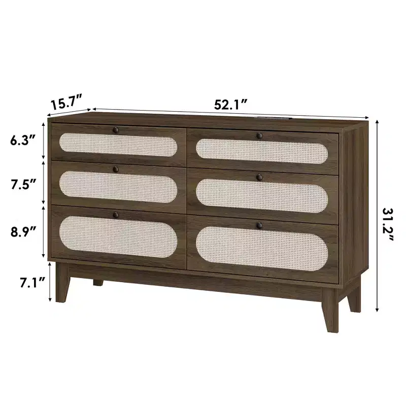 6 Rattan Drawer Dresser, with USB Ports and Outlets, 6 Chests of Drawers Storage