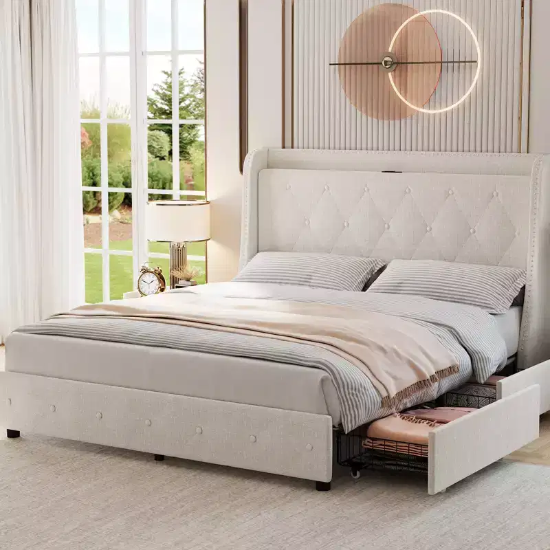 Modern upholstered bed frame with wing-back headboard  4 storage drawers  Metal bed frame  Wooden bed slats  No seasonal packing required
