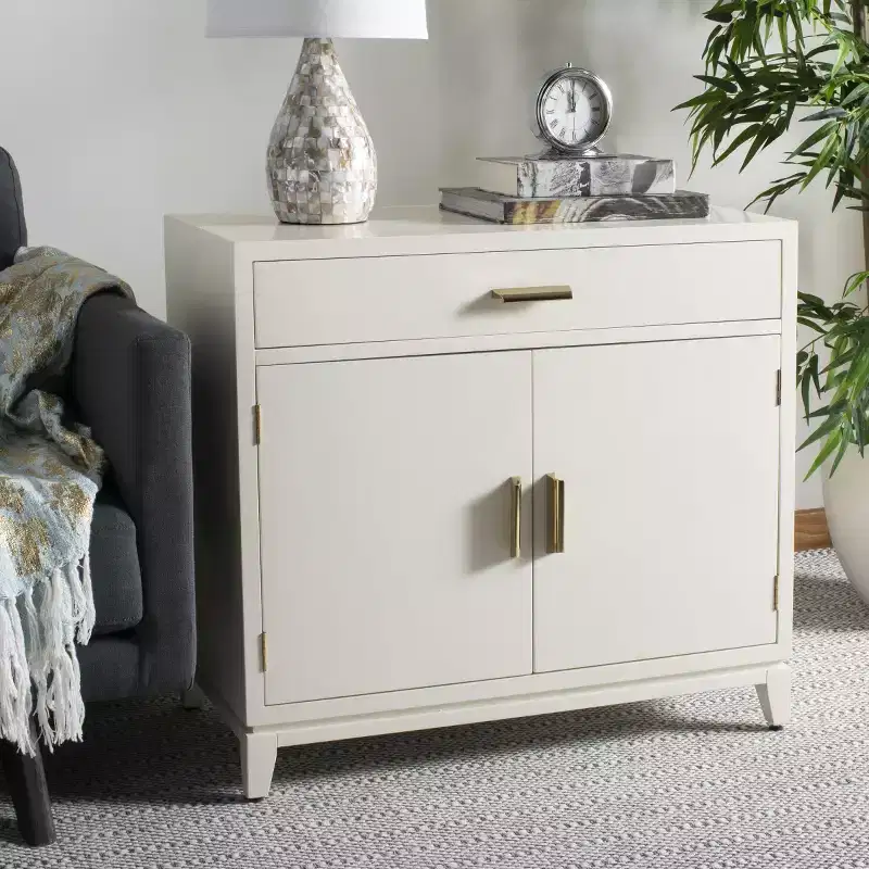 2 Door 1 Drawer Chest, White Finish with Brass Accents, Mahogany Frame, No Assembly