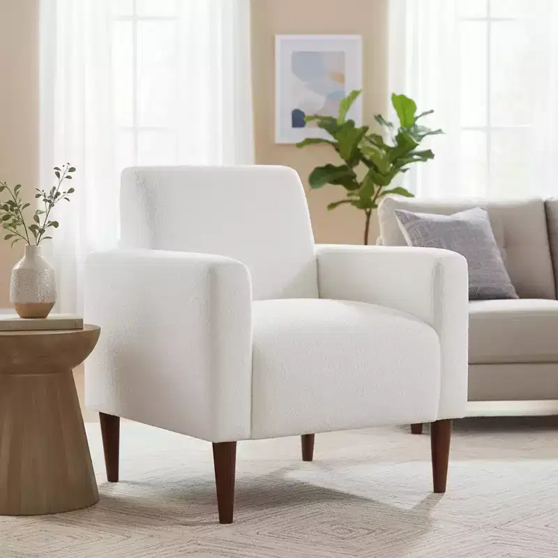 Homy Casa Textured Fabric Accent Chair with Wood Legs, Living Room Armchair, White