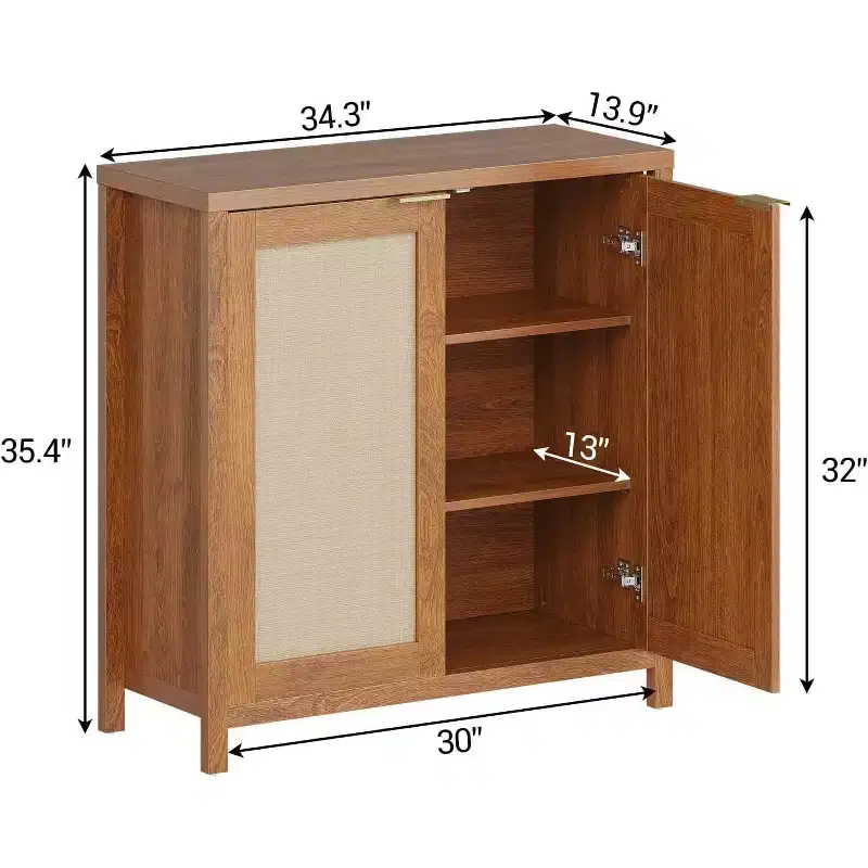 Farmhouse Rattan Wood Storage Cabinet, Adjustable Shelves Sideboard