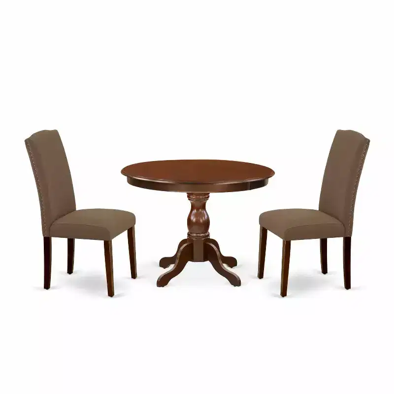 3-Piece Mahogany Finish Solid Wood Top - Button Tufted Upholstered Dining Room Set - Seats 4