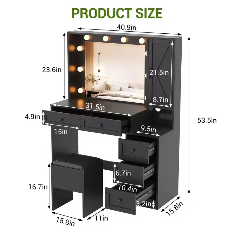 COZONY Makeup Vanity Desk with Mirror & Stool, Vanity Table Set with Drawers & Hidden Storage Shelves
