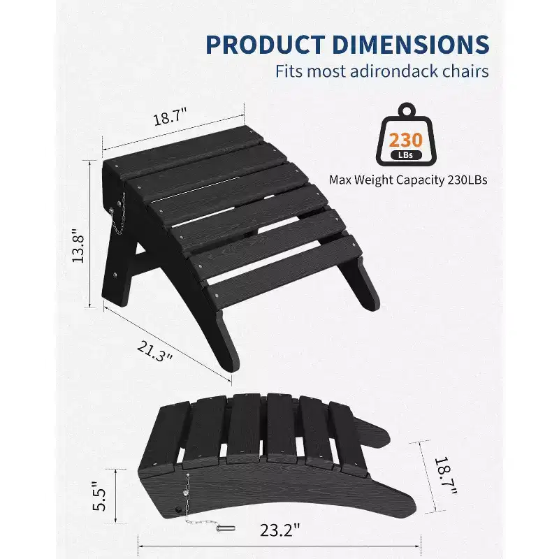 Folding Adirondack Ottoman, HDPE All Weather Outdoor Footstool, Adirondack Footrest for Porch, Backyard, Lawn, Only Foot Rest