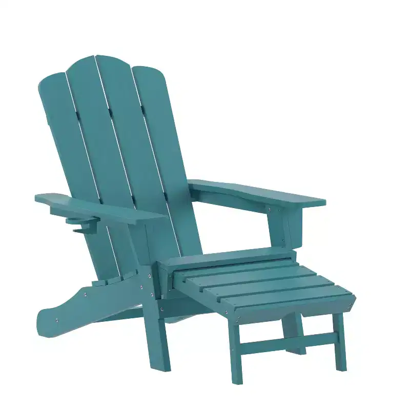 Emma and Oliver Adirondack Chair with Cup Holder and Pull Out Ottoman, All-Weather HDPE Indoor/Outdoor Lounge Chair