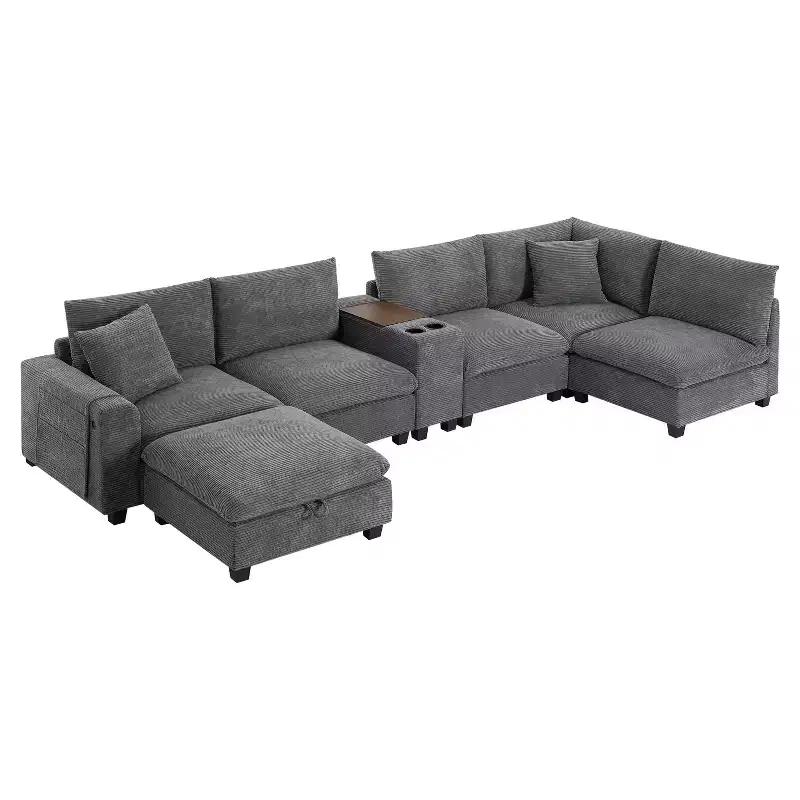 Modern Chenille 4-seat Sectional Sofa with Ottoman, L-Shaped Cloud Couch Set with Throw Pillows
