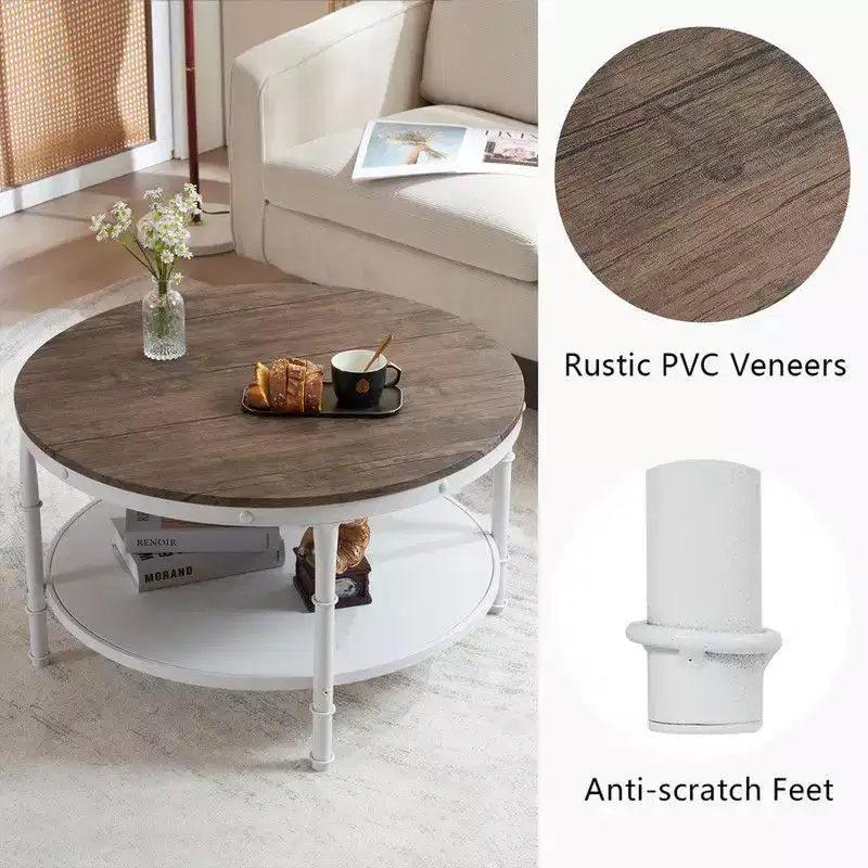 30.71in Double-Layer Round Dark Walnut Black Vein MDF Panel, White Wrinkled Baked Iron Frame, Industrial Style Coffee Table