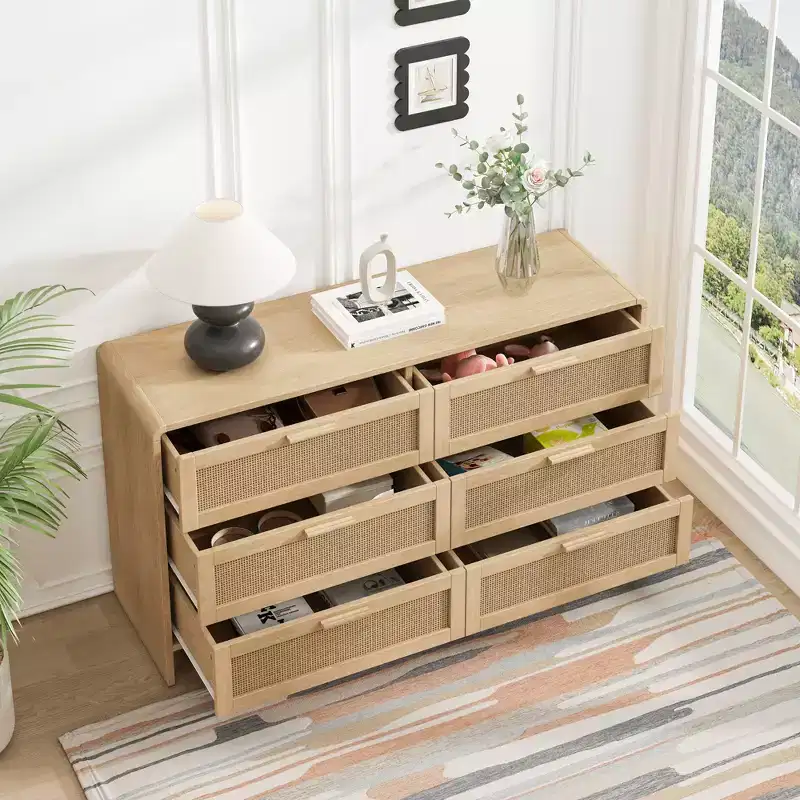 JVNOXK 51.18-inch Solid Wood Curved Corner Rattan Cabinet 6 Deep Drawers Storage Unit Suitable for Living Room or Bedroom Natural Finish