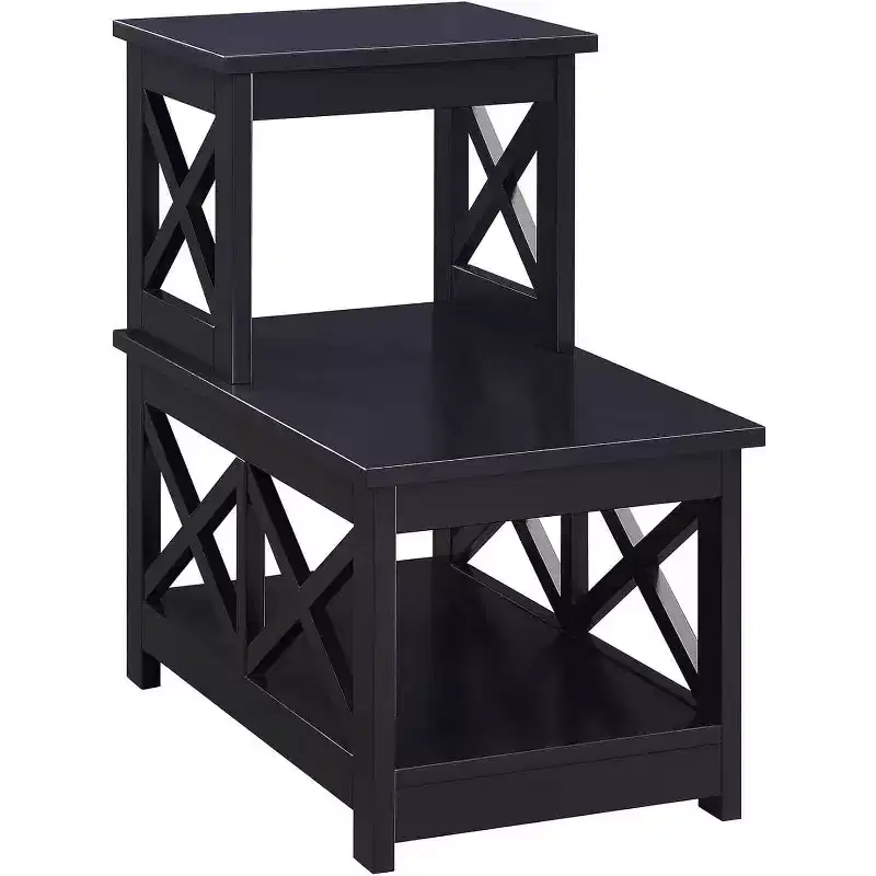 Rectangle Wood Top End Table, Black, L-Design with 3 Shelves
