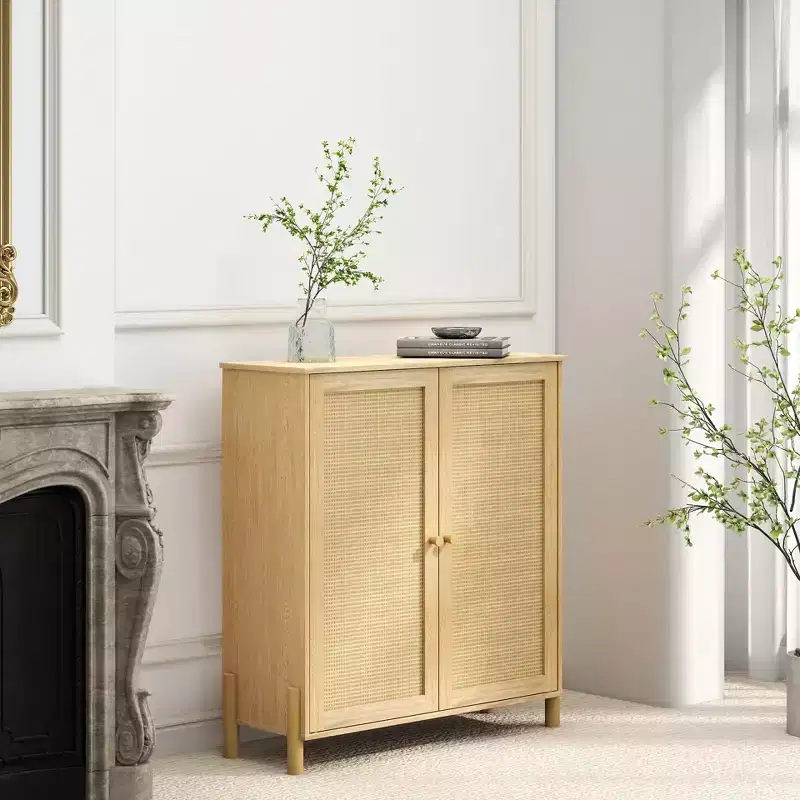 Mid-Century Storage Cabinet with Rattan Doors, Adjustable Shelves, and Solid Wood Base