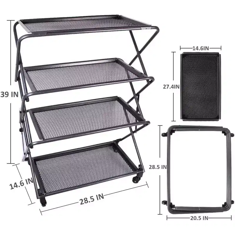 4-Tier Foldable Steel Shelf with Casters, Powder-Coated, Removable Mesh Trays, 39
