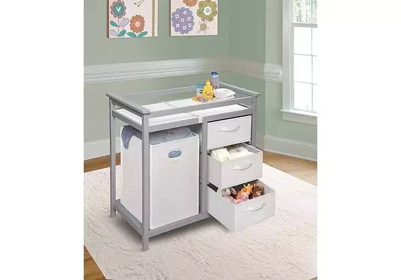 Modern Nursery Changing Table with Three Storage Baskets & Large Hamper, Durable Wood Frame