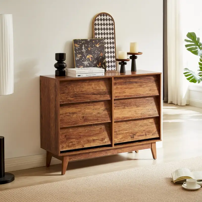 Brown 6-Drawer Double Dresser, Vintage Bevel Style