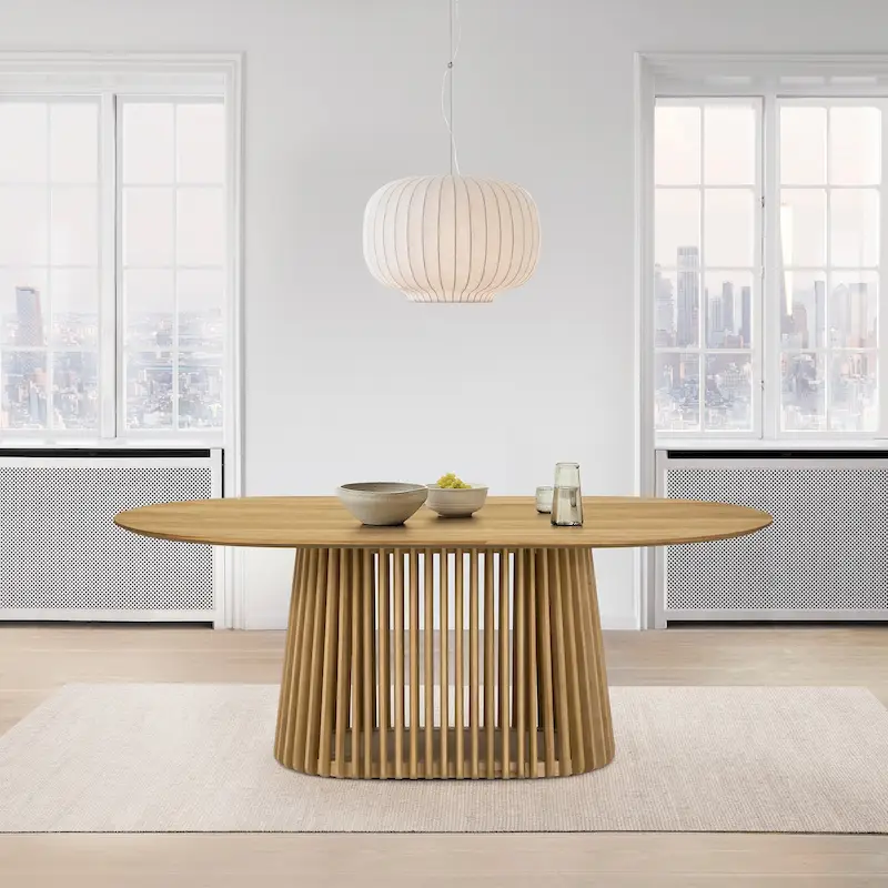 Natural Oak / Walnut / Black Oval Dining Table, Slatted Pedestal Base, Seats 7