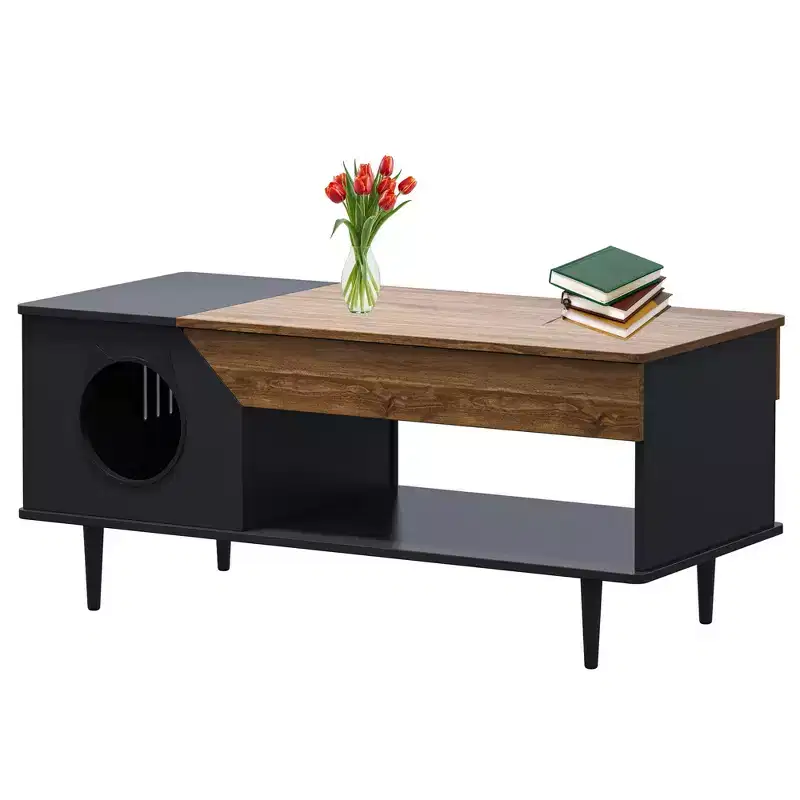 Cat House Coffee Table with Storage, 2-in-1 Modern Farmhouse Center Table & Cat Furniture Condo for Living Room