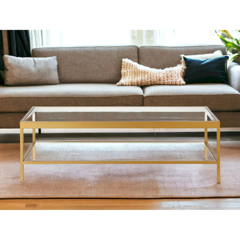 Clear And Gold Glass And Steel Coffee Table With Shelf