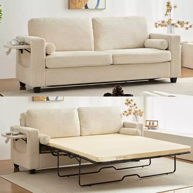 Mjkone Convertible 2-in-1 Pull Out Sleeper Sofa Bed Loveseat with 2 Wing Table and Memory Foam Mattress
